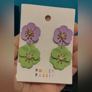 Roller Rabbit Zada earrings 2” dangle new nwt flowers purple green pansy post